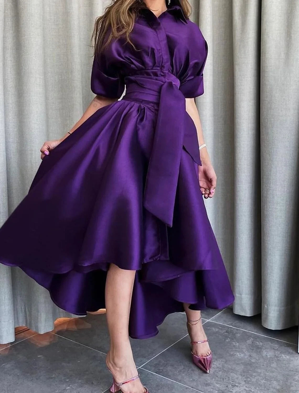 Chic Satin A-Line Point Collar Puffy Short Sleeves Covered Back High-Low Midi Evening Dresses