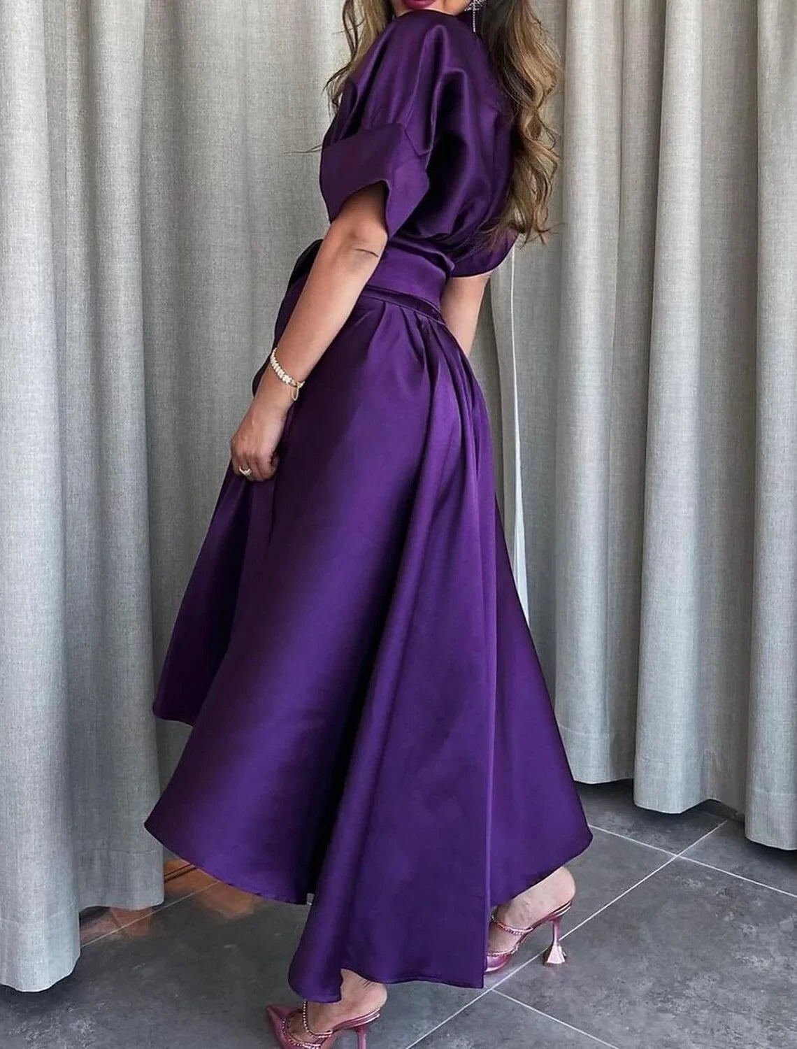 Chic Satin A-Line Point Collar Puffy Short Sleeves Covered Back High-Low Midi Evening Dresses