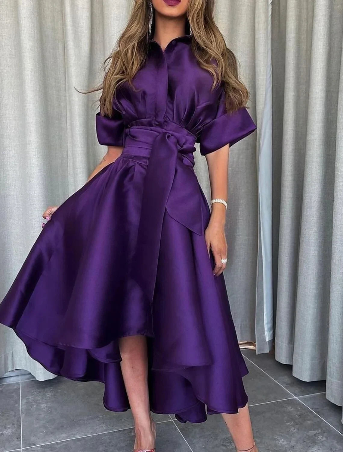 Chic Satin A-Line Point Collar Puffy Short Sleeves Covered Back High-Low Midi Evening Dresses
