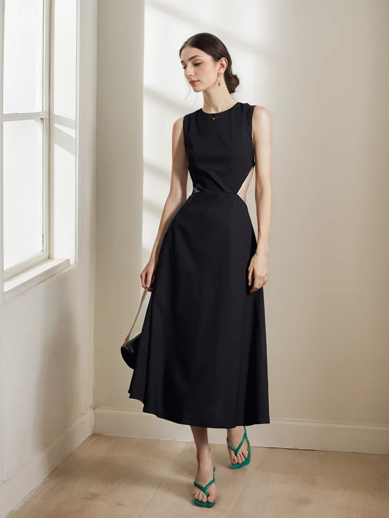Chic Satin A-Line Round Neck Sleeveless Criss-Cross Open Back Midi Evening Dresses