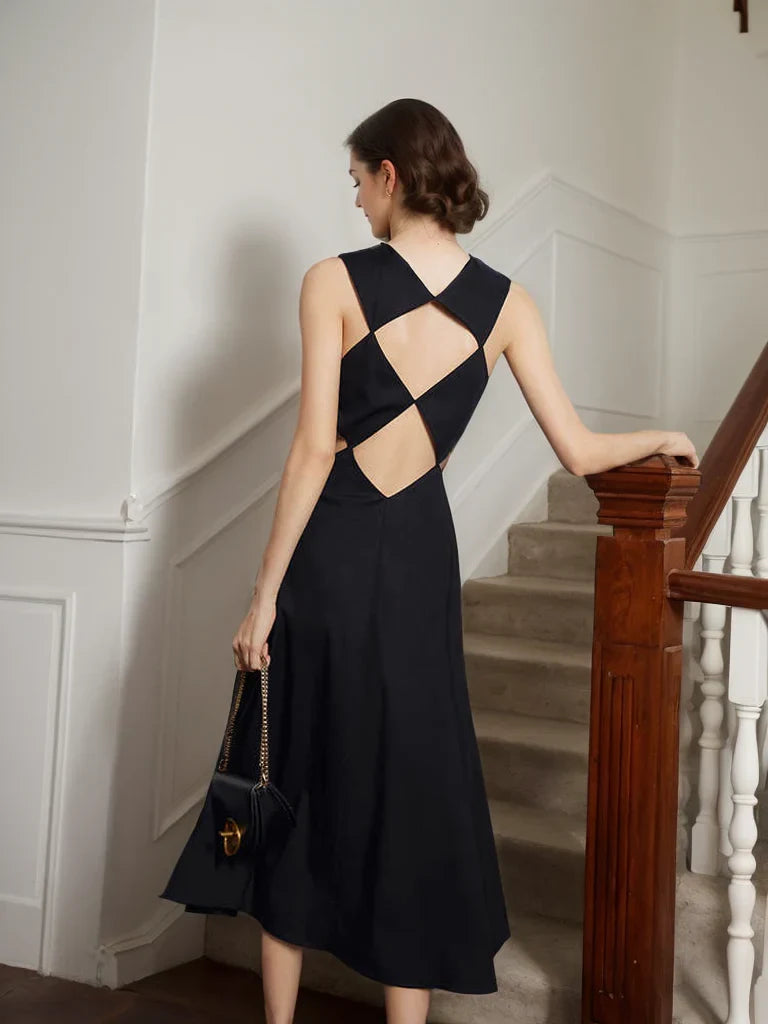 Chic Satin A-Line Round Neck Sleeveless Criss-Cross Open Back Midi Evening Dresses