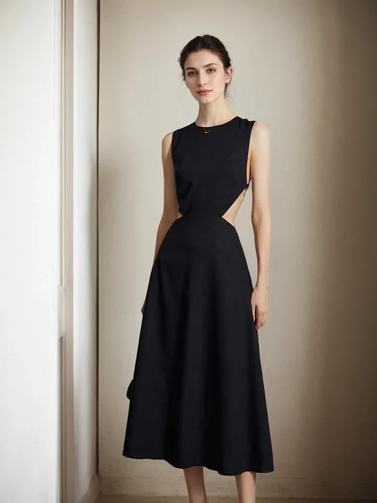 Chic Satin A-Line Round Neck Sleeveless Criss-Cross Open Back Midi Evening Dresses