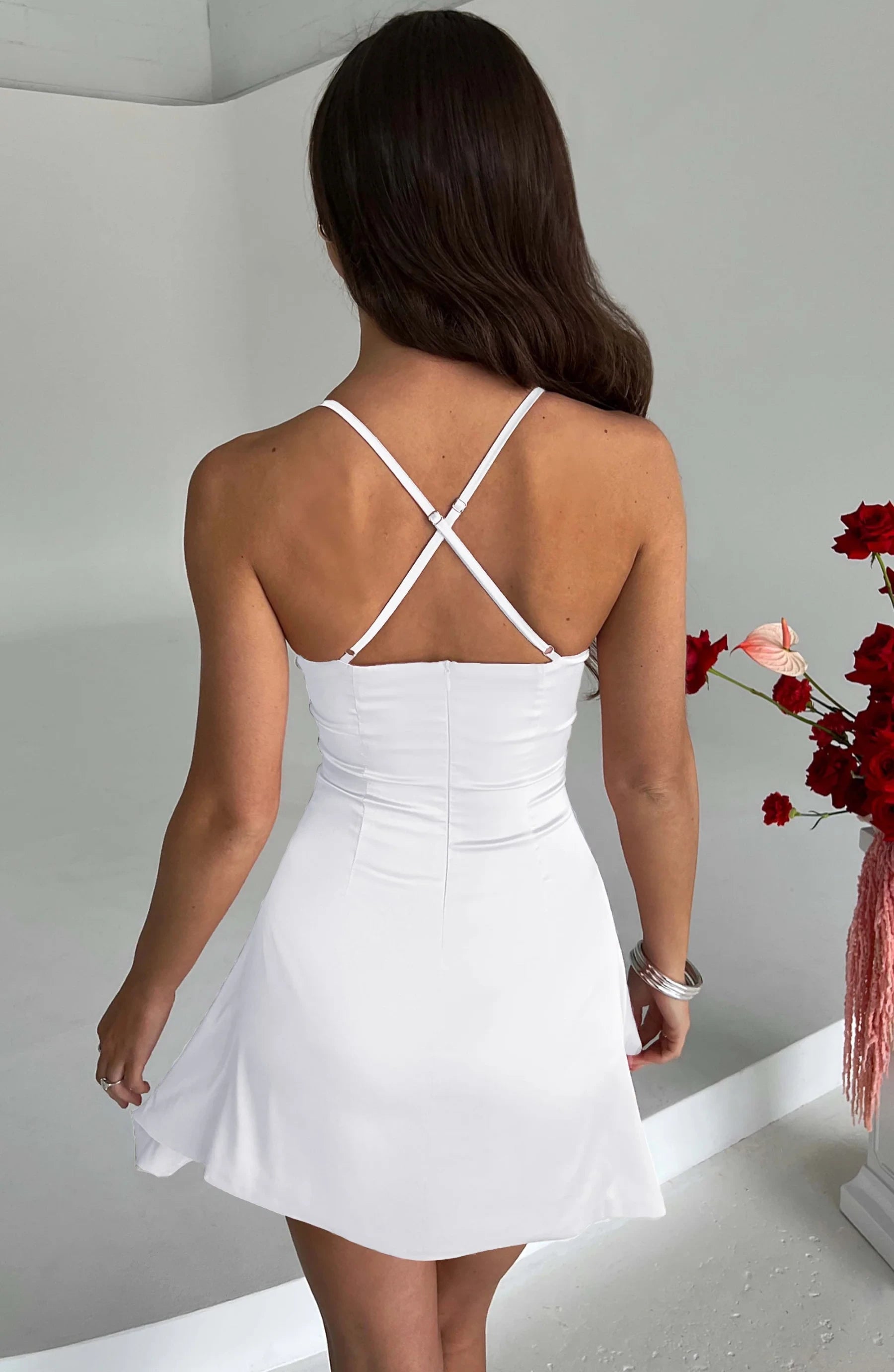 Chic Satin A-Line Ruched Deep V-Neck Spaghetti Strap Criss-Cross Back Mini Homecoming Dresses