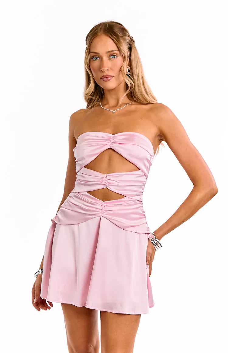 Chic Satin A-Line Strapless Sleeveless Straight Back Cutout Mini Homecoming Dresses
