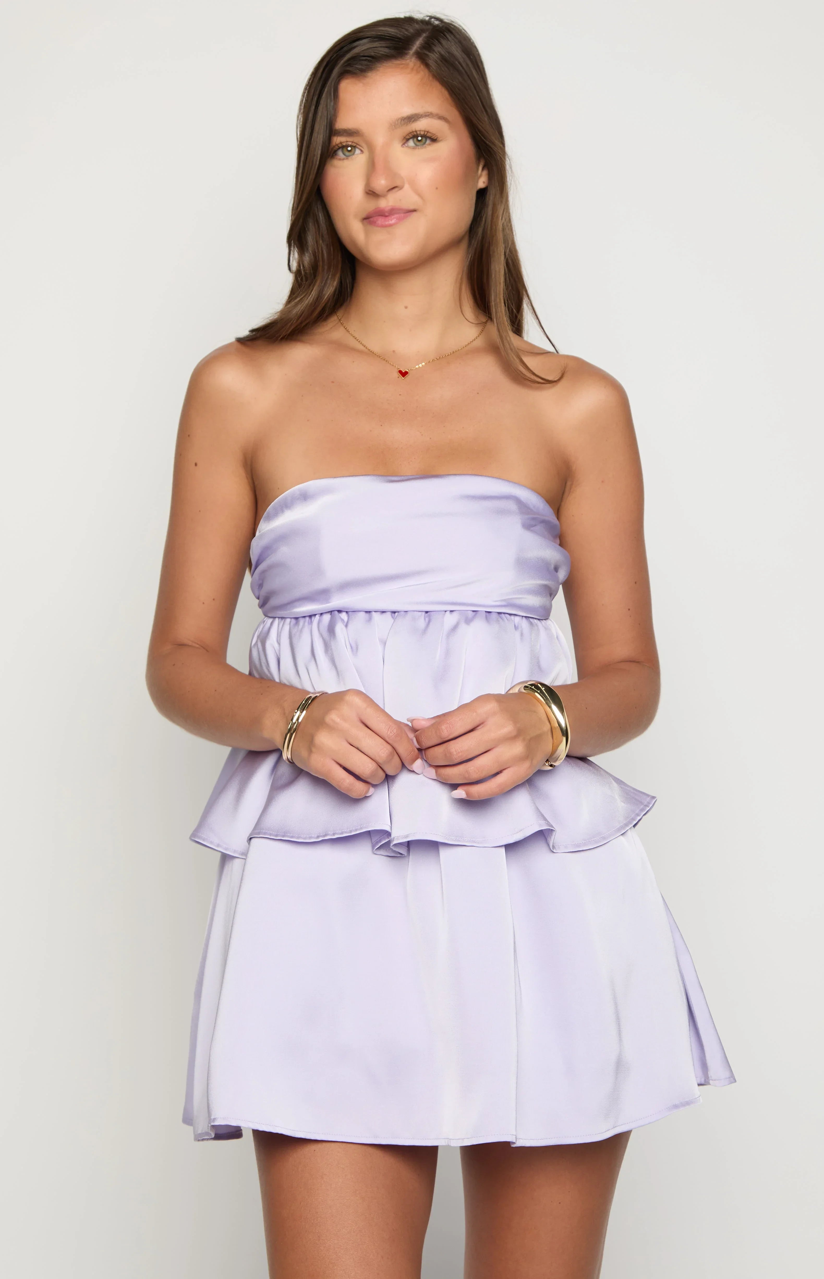 Chic Satin A-Line Strapless Sleeveless Zipper Back Tiered Mini Homecoming Dresses