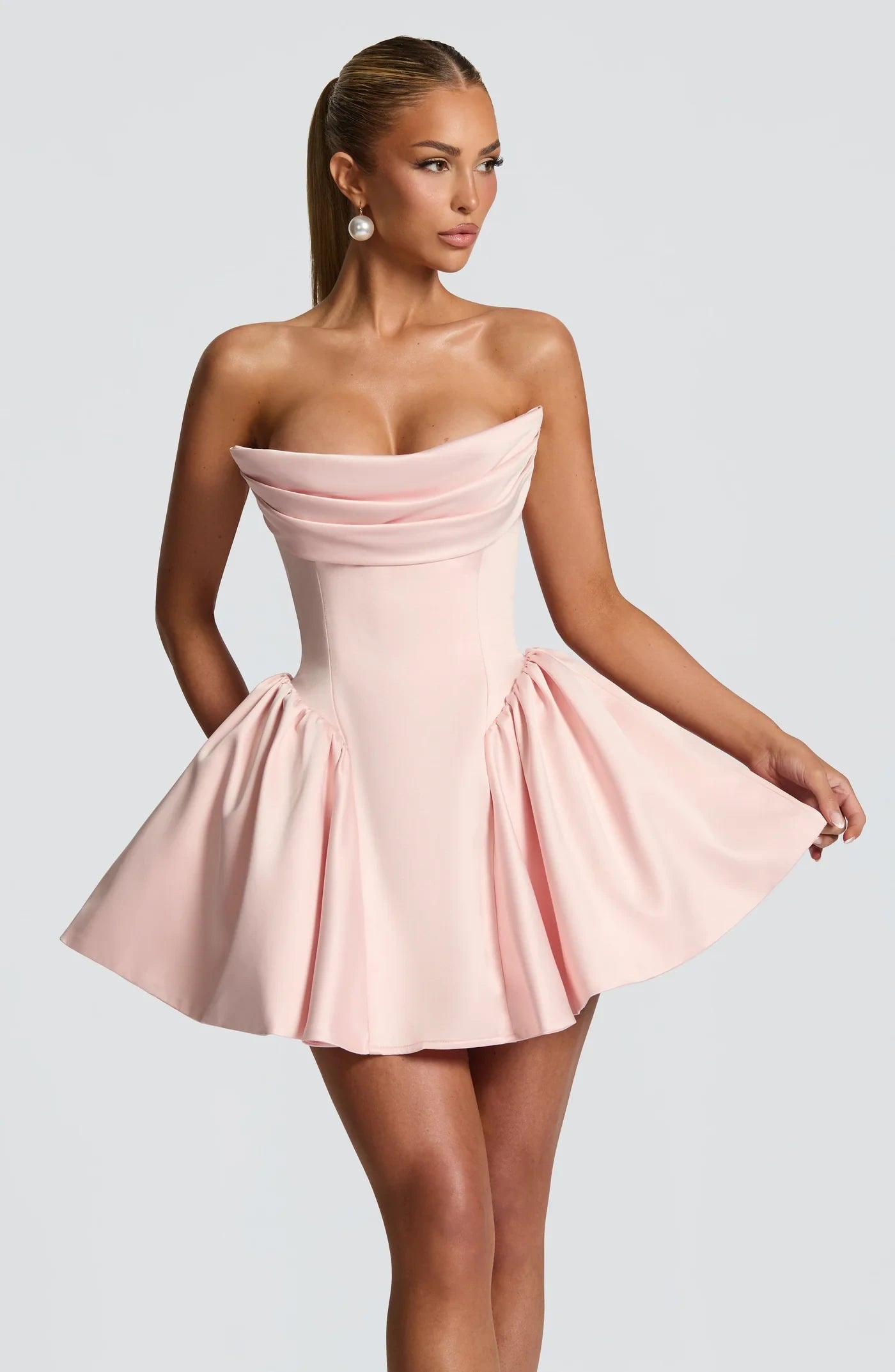 Chic Satin A-Line Strapless Sweetheart Sleeveless Lace-Up Back High-Low Mini Homecoming Dresses