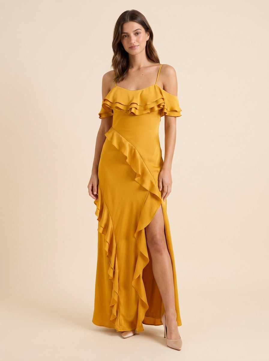 Chic Satin A-Line Sweetheart Off-Shoulder Spaghetti Strap Open Back Floor-Length Evening Dresses