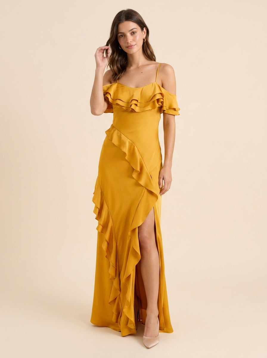 Chic Satin A-Line Sweetheart Off-Shoulder Spaghetti Strap Open Back Floor-Length Evening Dresses