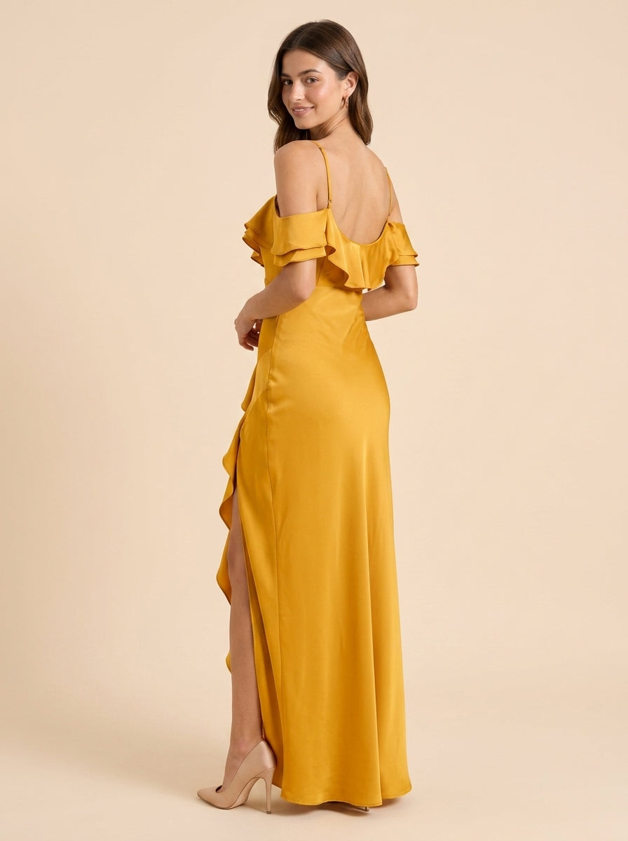 Chic Satin A-Line Sweetheart Off-Shoulder Spaghetti Strap Open Back Floor-Length Evening Dresses