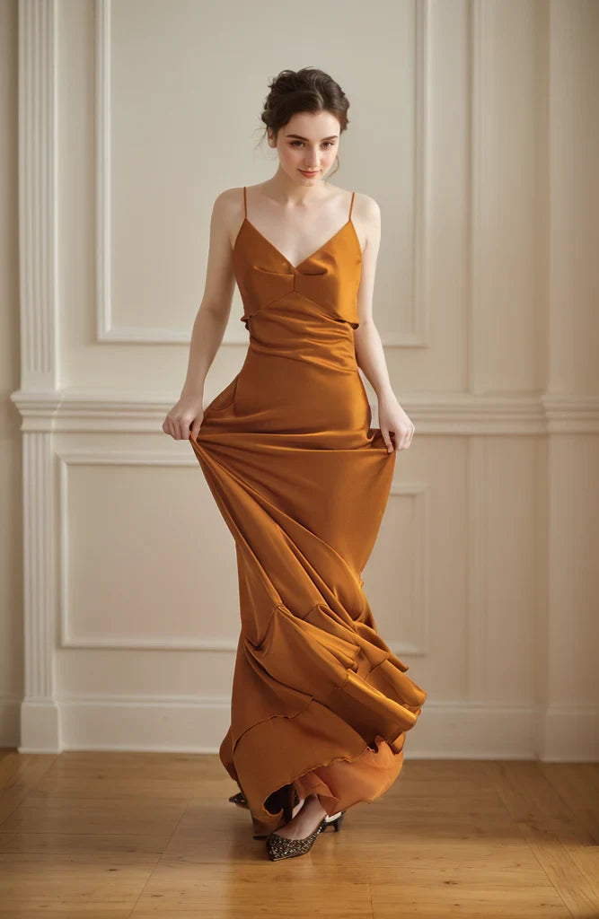 Chic Satin Mermaid Deep V-Neck Sleeveless Low Back Ruffled Floor-Length Evening Dresses