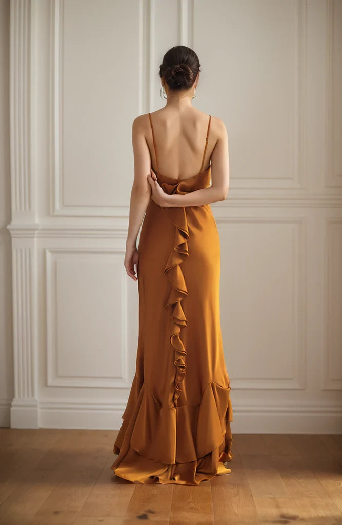 Chic Satin Mermaid Deep V-Neck Sleeveless Low Back Ruffled Floor-Length Evening Dresses