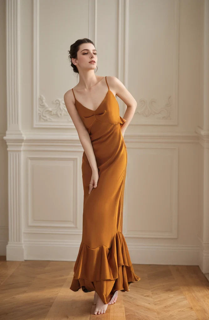 Chic Satin Mermaid Deep V-Neck Sleeveless Low Back Ruffled Floor-Length Evening Dresses