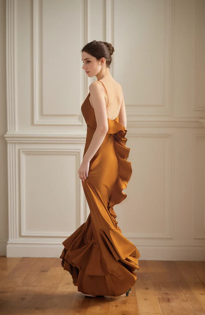 Chic Satin Mermaid Deep V-Neck Sleeveless Low Back Ruffled Floor-Length Evening Dresses