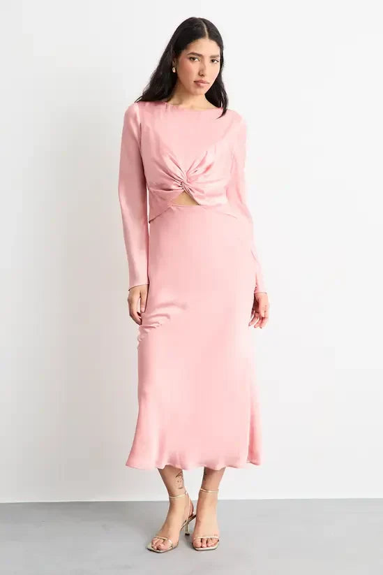 Chic Satin Sheath Boat Neck Long Sleeve Zipper Back Midi Evening Dresses