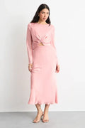 Blushing Pink Satin Midi Sheath/column Dress with Twisted Knot Cutout Waist