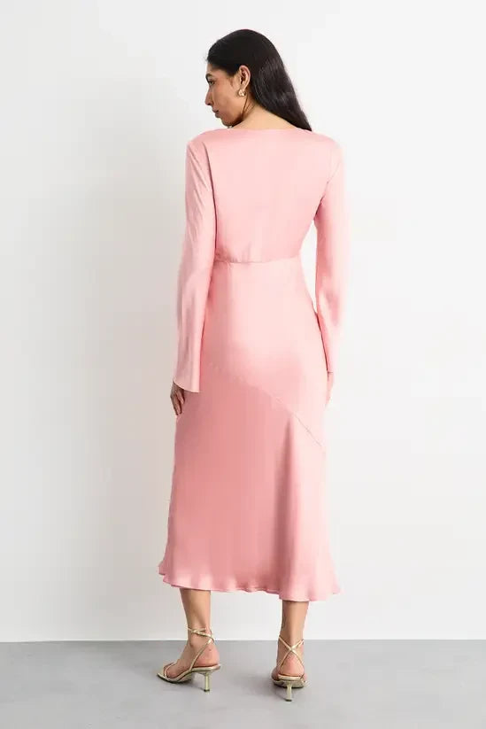 Chic Satin Sheath Boat Neck Long Sleeve Zipper Back Midi Evening Dresses