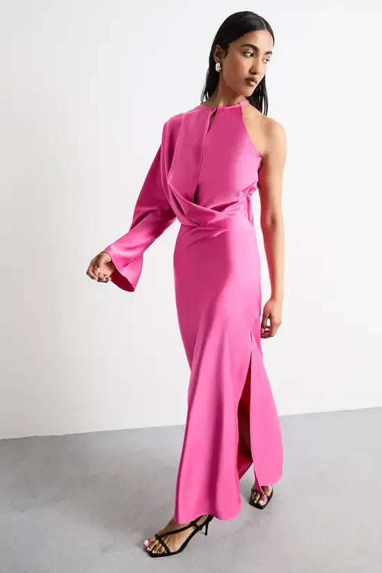 Chic Satin Sheath Halter Neck One Shoulder Draped Sleeve Closed Back Floor-Length Evening Dresses