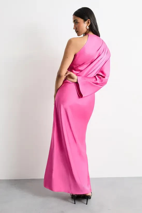 Chic Satin Sheath Halter Neck One Shoulder Draped Sleeve Closed Back Floor-Length Evening Dresses