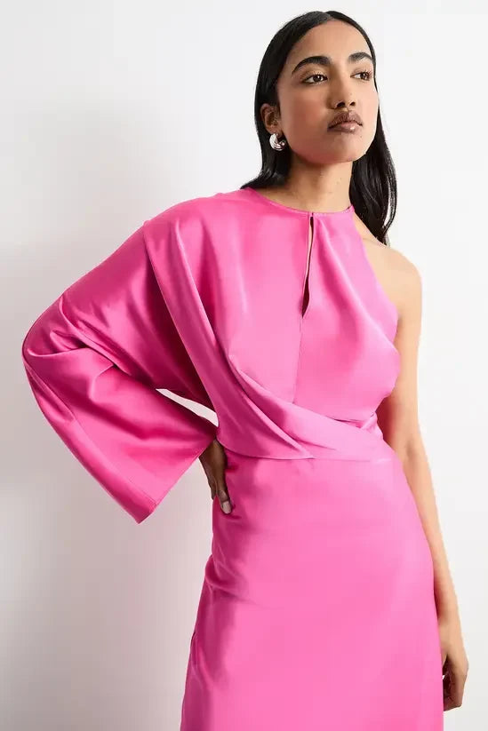 Chic Satin Sheath Halter Neck One Shoulder Draped Sleeve Closed Back Floor-Length Evening Dresses