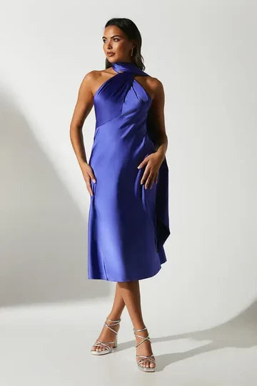 Chic Satin Sheath Halter Neck Sleeveless Draped Open Back Midi Evening Dresses