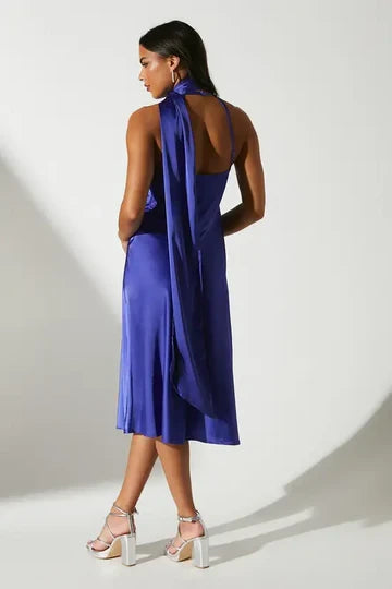 Chic Satin Sheath Halter Neck Sleeveless Draped Open Back Midi Evening Dresses