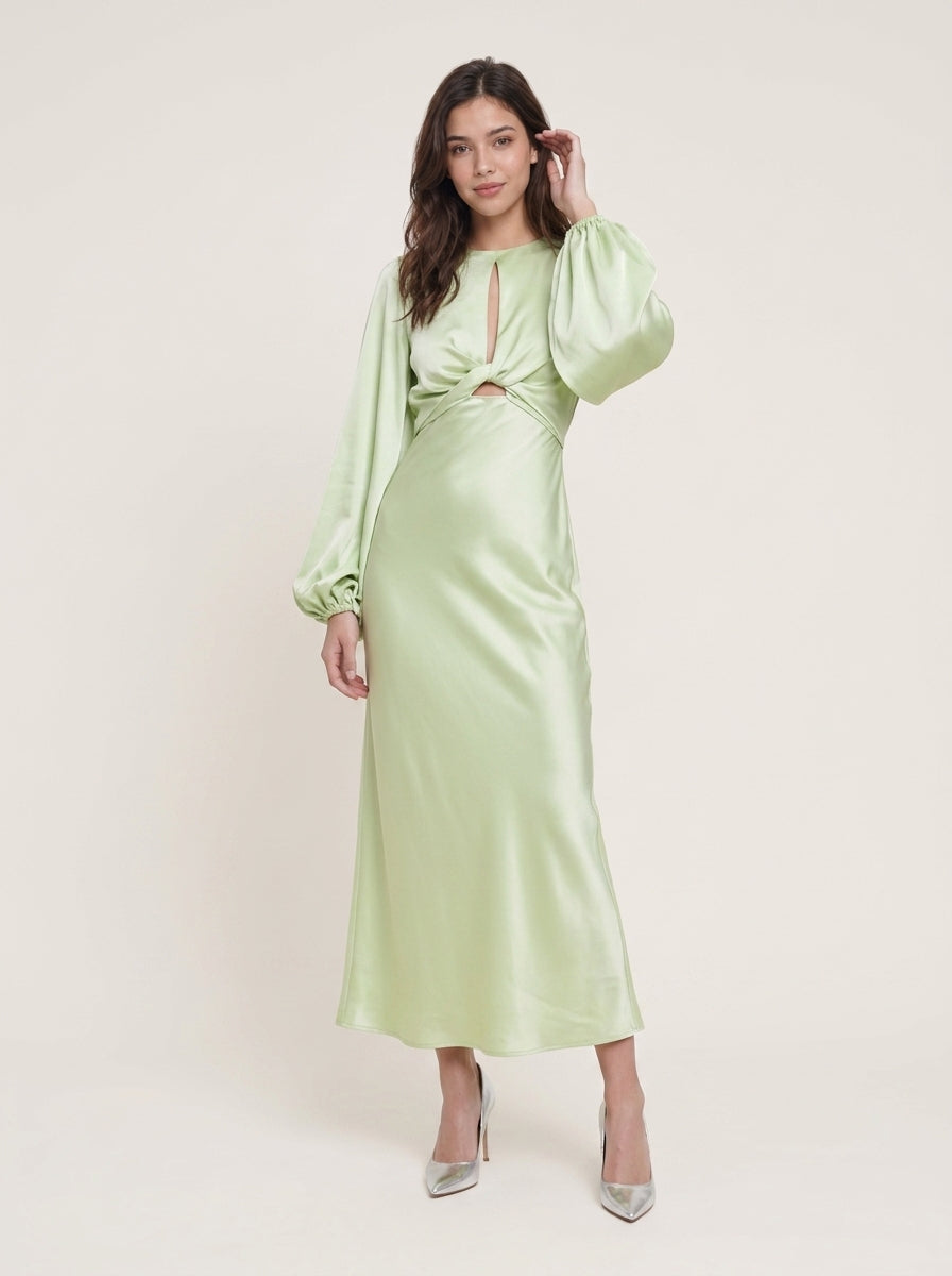Chic Satin Sheath Keyhole Neck Long Balloon Sleeve Open Back Midi Evening Dresses