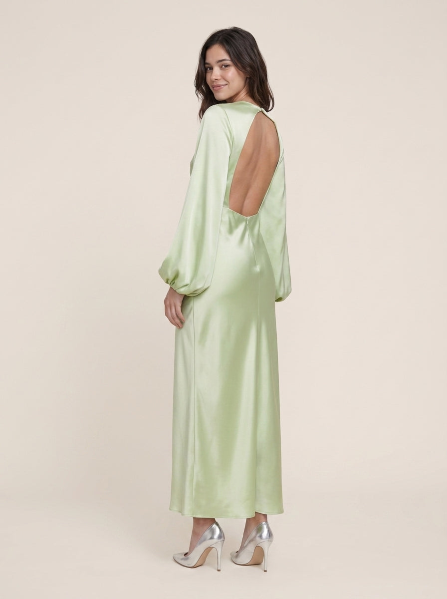 Chic Satin Sheath Keyhole Neck Long Balloon Sleeve Open Back Midi Evening Dresses