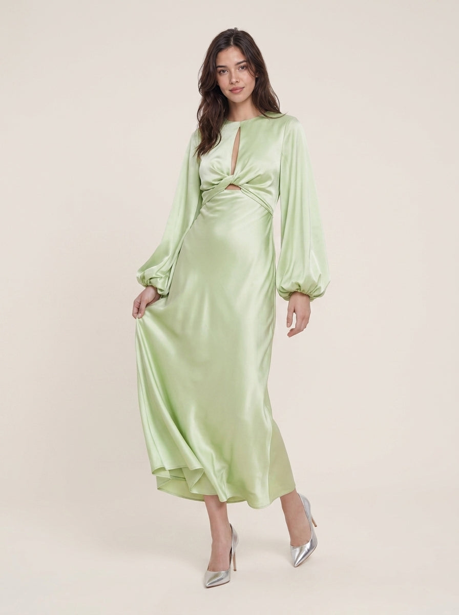 Chic Satin Sheath Keyhole Neck Long Balloon Sleeve Open Back Midi Evening Dresses