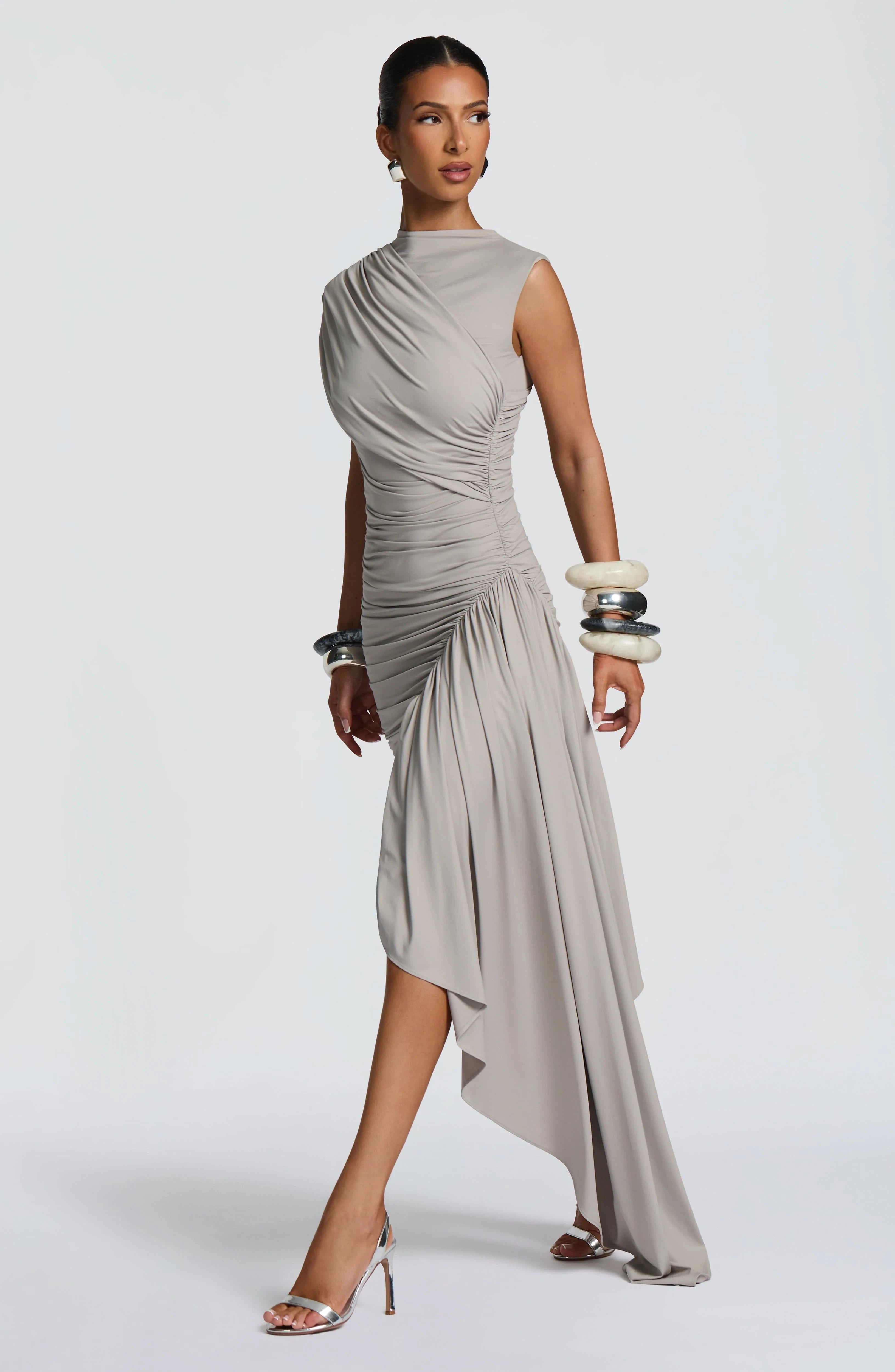 Chic Satin Sheath Mock Neck Sleeveless Keyhole Back Asymmetrical High-Low Homecoming Dresses