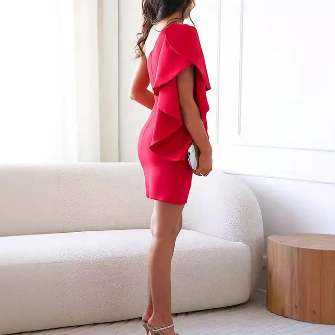 Chic Satin Sheath One-Shoulder Ruffle Sleeve Zipper Back Mini Homecoming Dresses