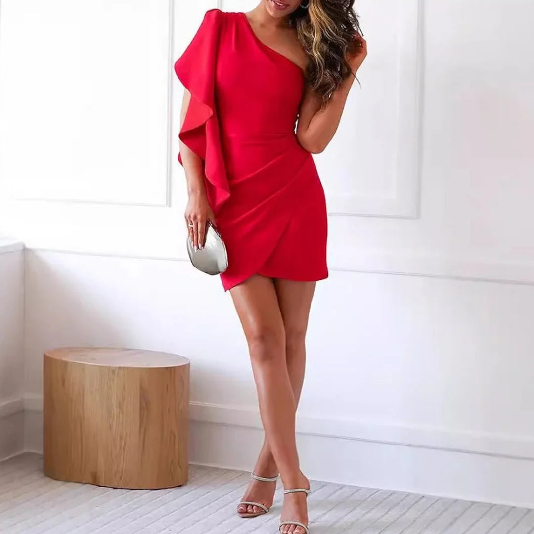 Chic Satin Sheath One-Shoulder Ruffle Sleeve Zipper Back Mini Homecoming Dresses