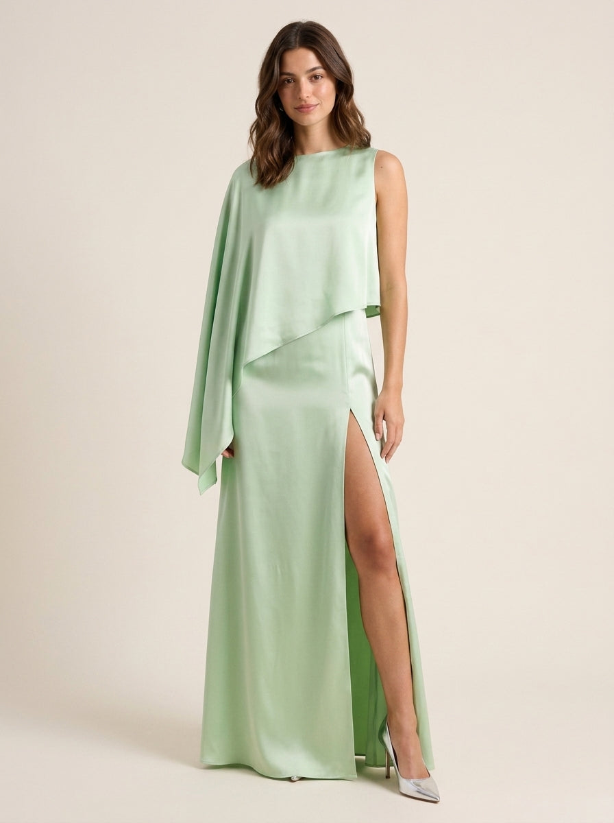 Chic Satin Sheath Round Neck Asymmetric One-Shoulder Cape Sleeve Closed Back Floor-Length Evening Dresses