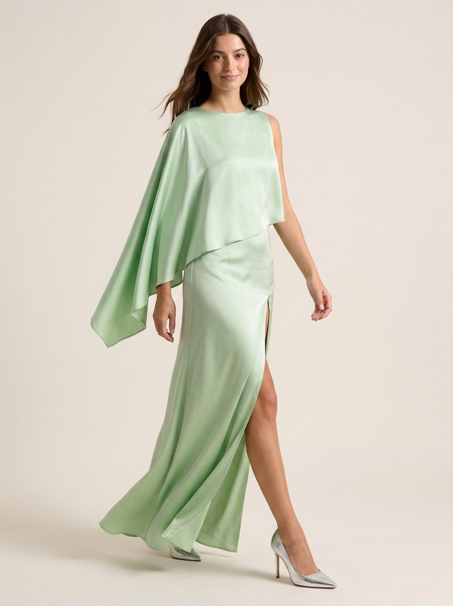 Chic Satin Sheath Round Neck Asymmetric One-Shoulder Cape Sleeve Closed Back Floor-Length Evening Dresses