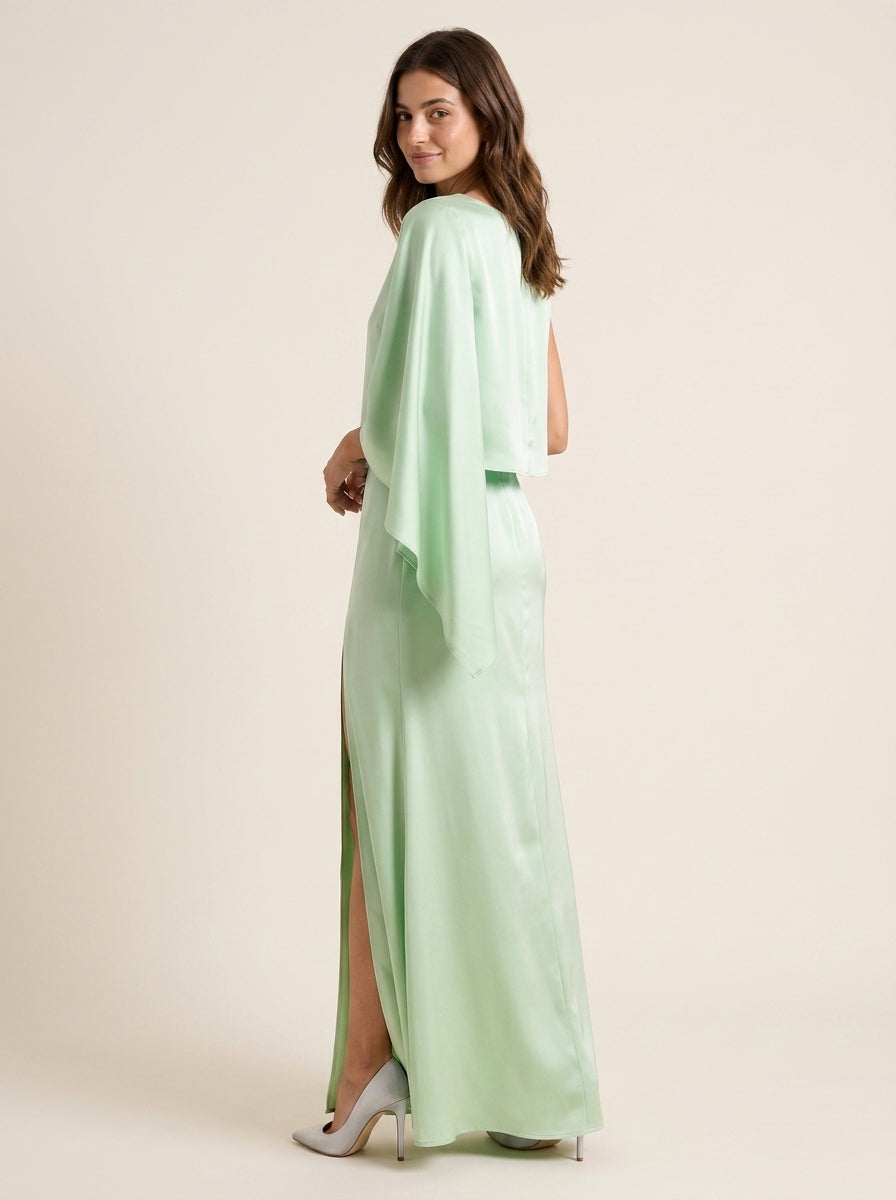 Chic Satin Sheath Round Neck Asymmetric One-Shoulder Cape Sleeve Closed Back Floor-Length Evening Dresses