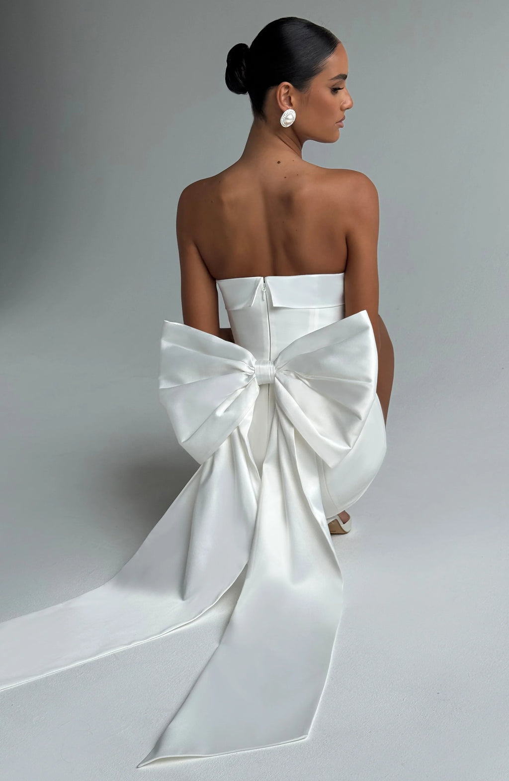 White Satin Strapless Short Sheath Dress with Large Back Bow