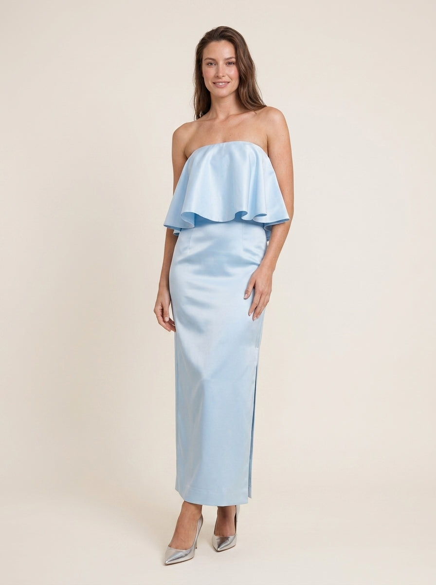 Chic Satin Sheath Strapless Sleeveless Simple Back Ankle-Length Ruffle Overlay Evening Dresses
