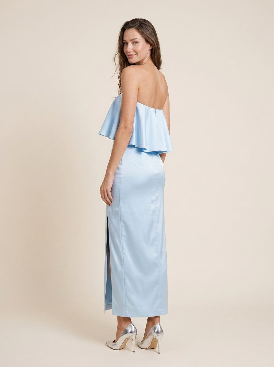 Chic Satin Sheath Strapless Sleeveless Simple Back Ankle-Length Ruffle Overlay Evening Dresses