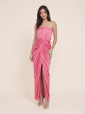 Pink Satin Sheath/column Straight Neck Floor-Length Dress with Pleated Bodice, Ruched Skirt & High Slit