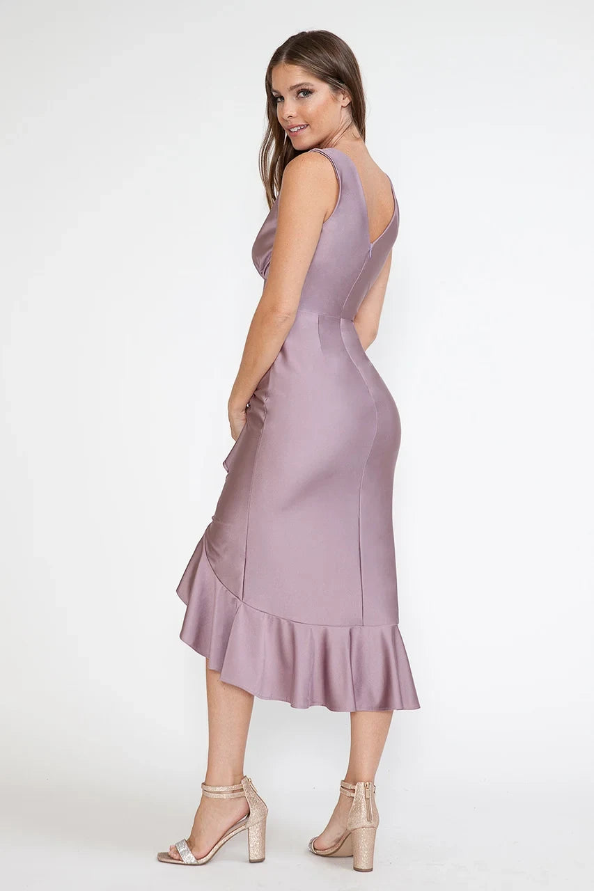 Chic Satin Sheath V-Neck Sleeveless V-Back Midi Asymmetrical Homecoming Dresses