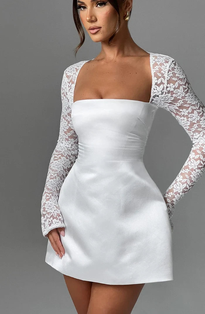 Chic Satin and Lace A-Line Square Neck Long Lace Sleeves Tie-Back Mini Homecoming Dresses