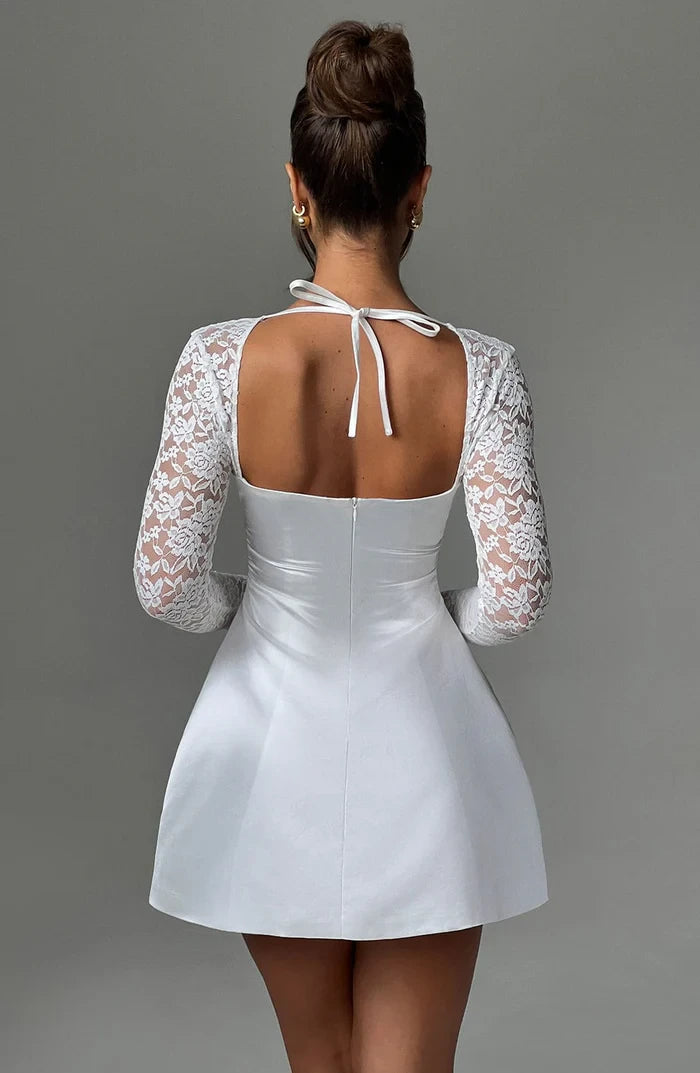 Chic Satin and Lace A-Line Square Neck Long Lace Sleeves Tie-Back Mini Homecoming Dresses