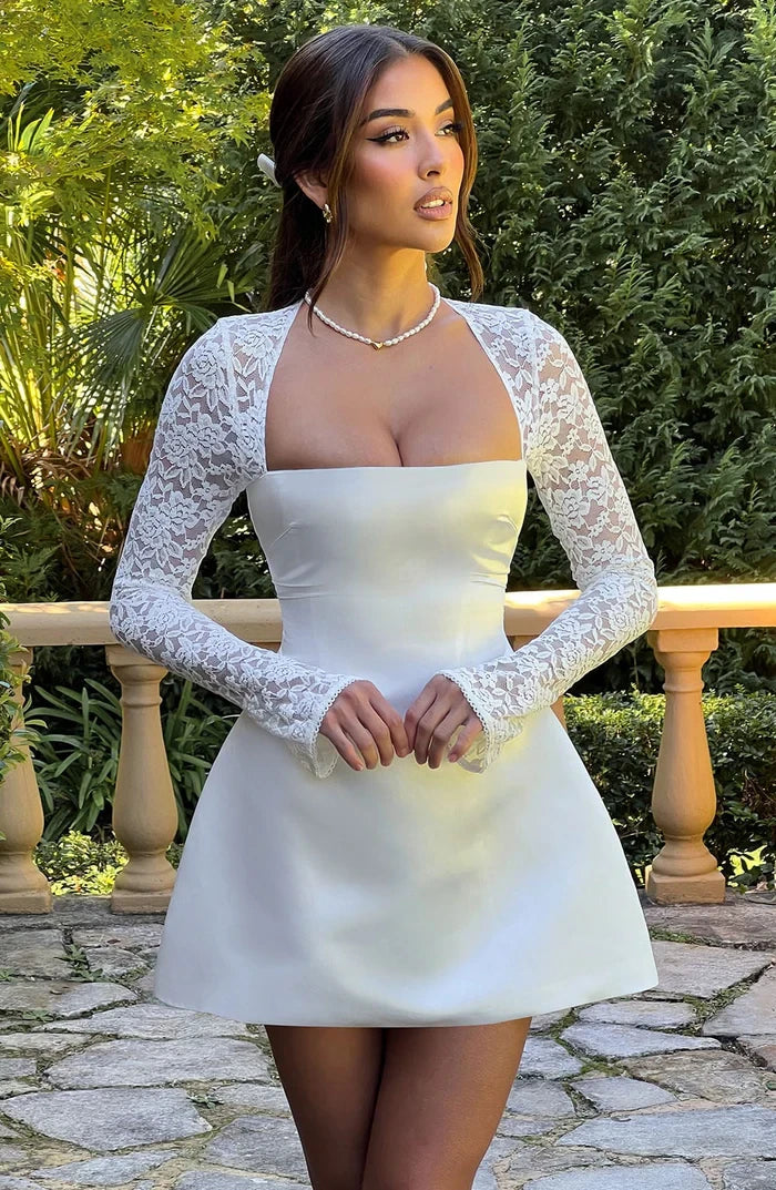 Chic Satin and Lace A-Line Square Neck Long Lace Sleeves Tie-Back Mini Homecoming Dresses