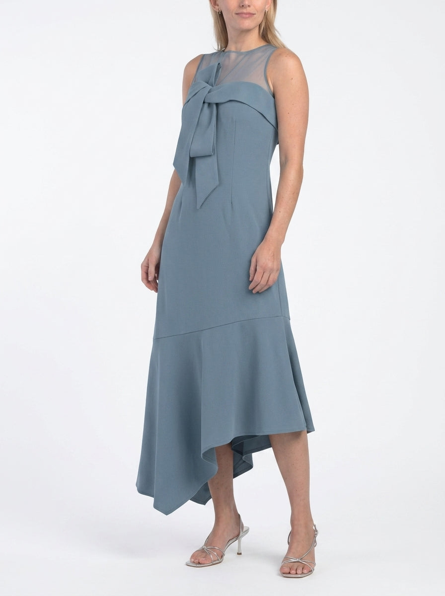 Chic Tulle Sheath Illusion High Neck Sleeveless Sheer Back Asymmetrical Midi Evening Dresses