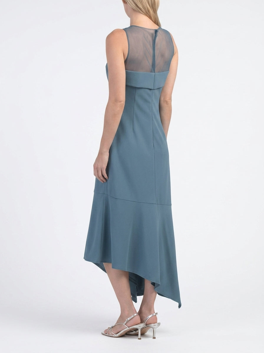Chic Tulle Sheath Illusion High Neck Sleeveless Sheer Back Asymmetrical Midi Evening Dresses