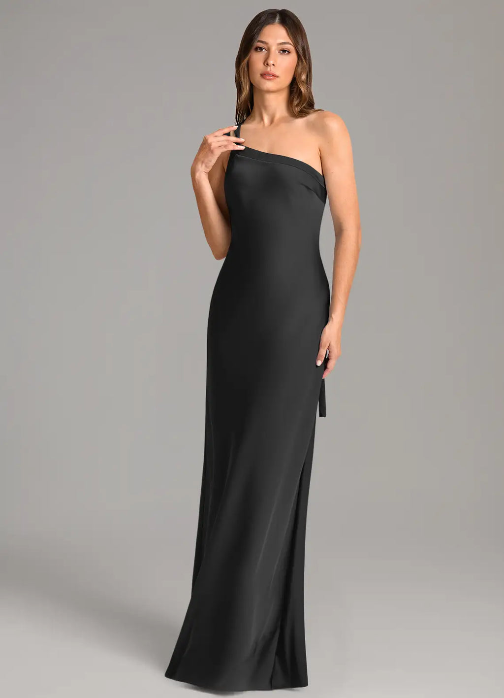 Black Satin Floor-Length Bridesmaid Dress with One-Shoulder Neckline and Double Strap Detail