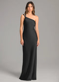 Black Satin Floor-Length Bridesmaid Dress with One-Shoulder Neckline and Double Strap Detail