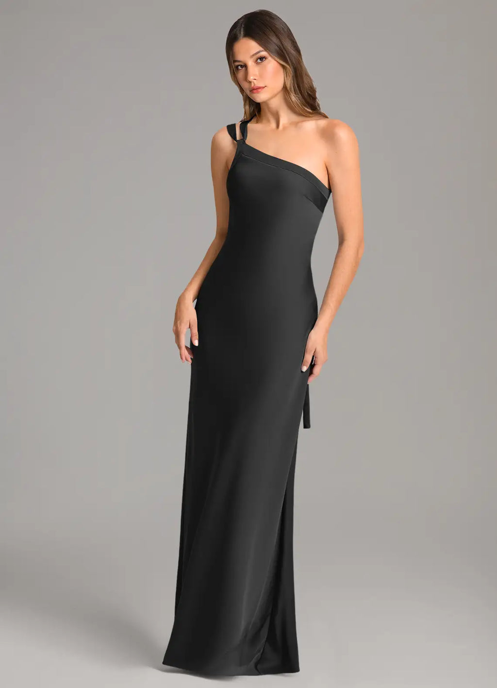 Black Satin Floor-Length Bridesmaid Dress with One-Shoulder Neckline and Double Strap Detail