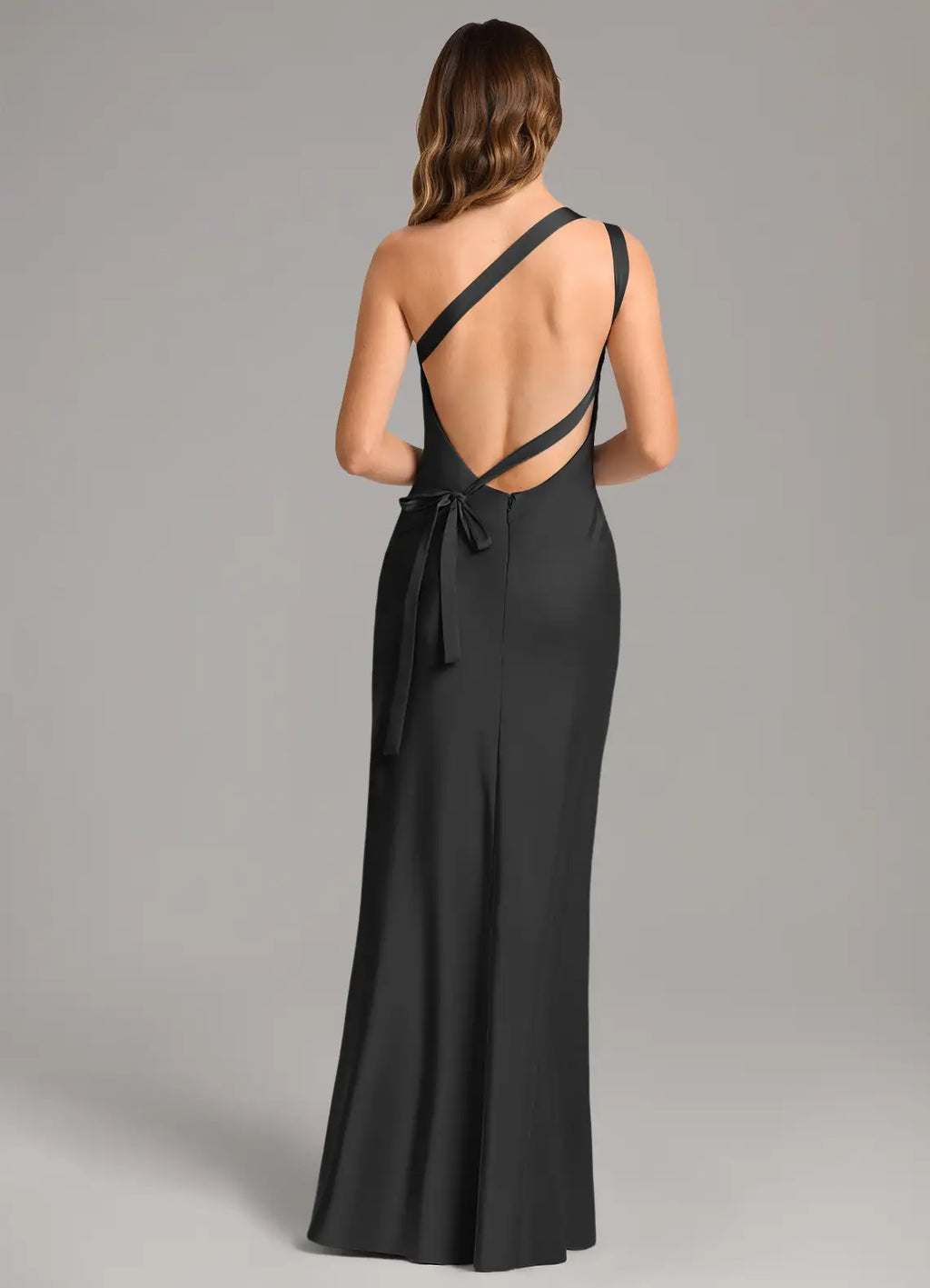 Black Satin Floor-Length Bridesmaid Dress with One-Shoulder Neckline and Double Strap Detail