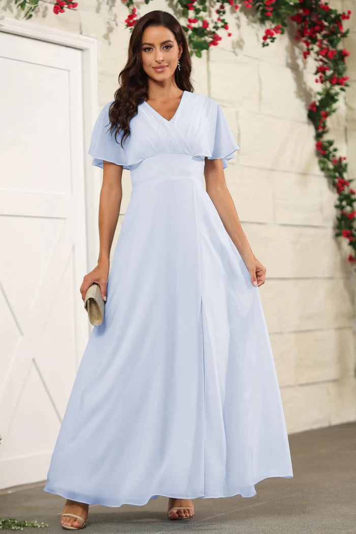 Chiffon short sleeved V-neck slit and floor length bridesmaid dress