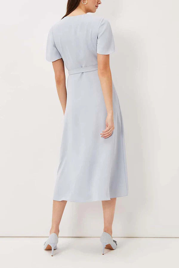Purple Crepe A-Line Midi Evening Dress with V-Neck, Wrap Design & Asymmetrical Ruffled Hem